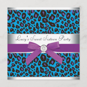 Convites Festa Teal Roxo Leopardo Sweet 16