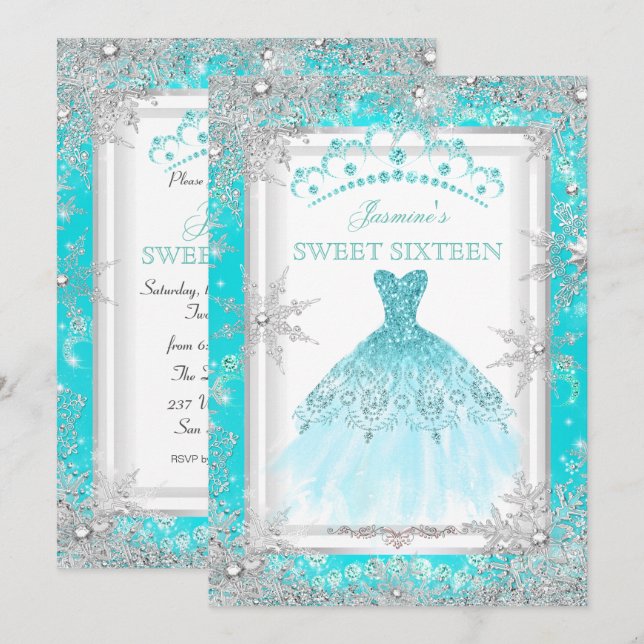 Convites Festa Teal Silver Winter Wonderland Sweet 16 (Frente/Verso)
