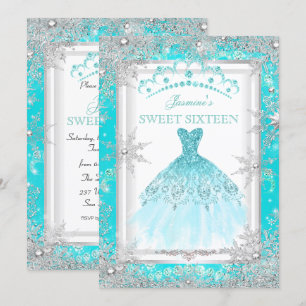 Convites Festa Teal Silver Winter Wonderland Sweet 16
