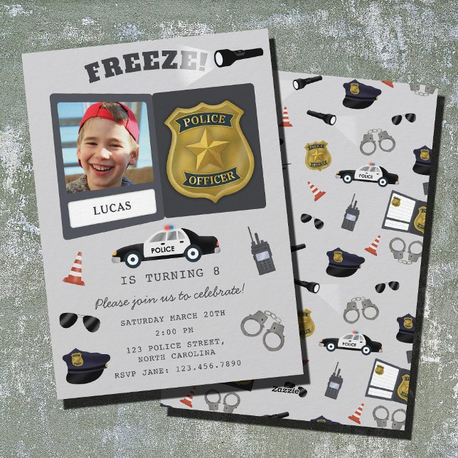 Convites Festa Temática de Polícia distintivo de Policial F (Police Themed Policeman Cop Badge Photo Birthday Invitation)