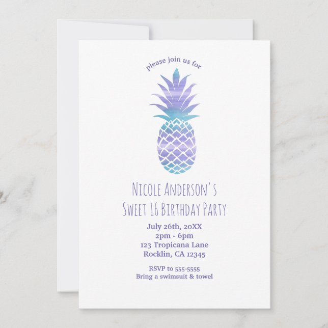 Convites Festa Tropical Chic Aqua Teal e Abacaxi Roxo (Frente)