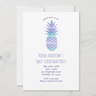 Convites Festa Tropical Chic Aqua Teal e Abacaxi Roxo
