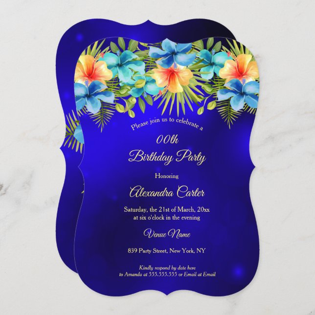 Convites Festa Tropical de Hibiscus Amarelo Azul (Frente/Verso)