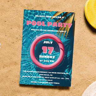 Convites Festa Tropical de Verão com Boia Rosa na Piscina