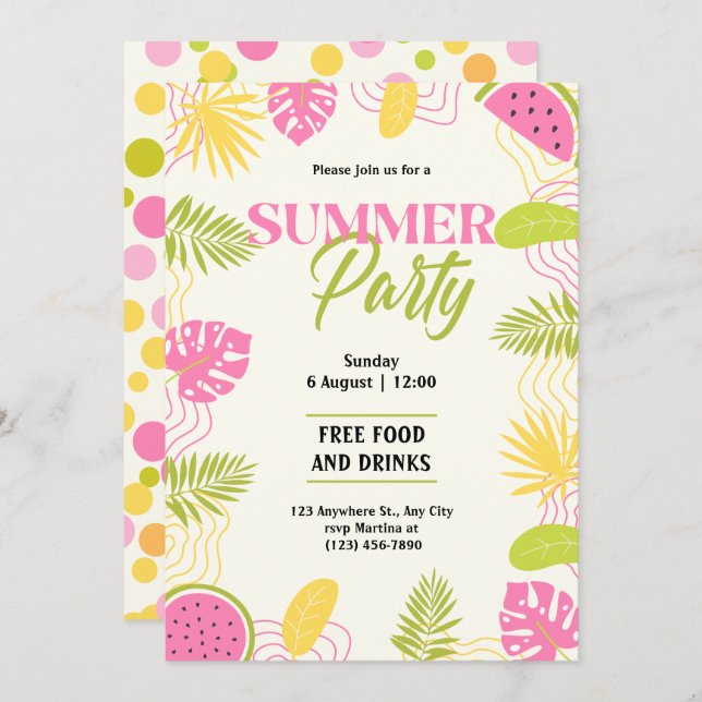 Convites Festa Tropical de Verão Verde e Rosa (Frente/Verso)