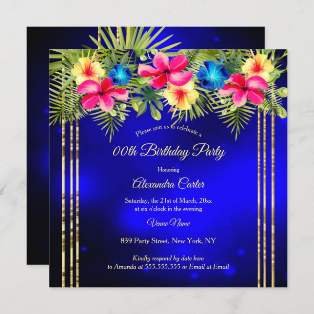 Convites Festa Tropical Floral do Hibiscus Amarelo Azul (Frente/Verso)