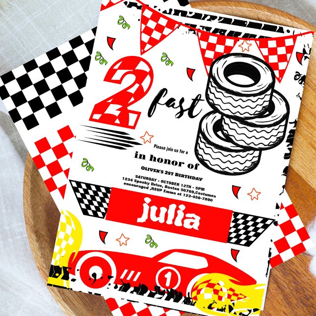 Convites Festa vermelha de corrida de segundo aniversário r (Criador carregado)