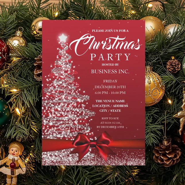 Convites Festa Vermelha de Fita de Natal CORPORAL (CORPORATE Christmas Tree Ribbon Red Party Invitation)
