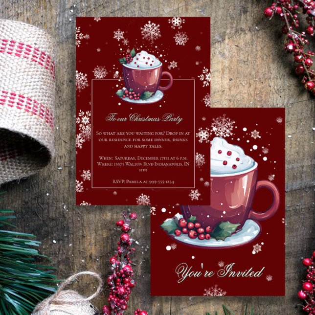 Convites Festa Vermelha de Natal do Feriado de Chocolate Qu (Red Christmas Cup of Hot Chocolate Party Invitation)