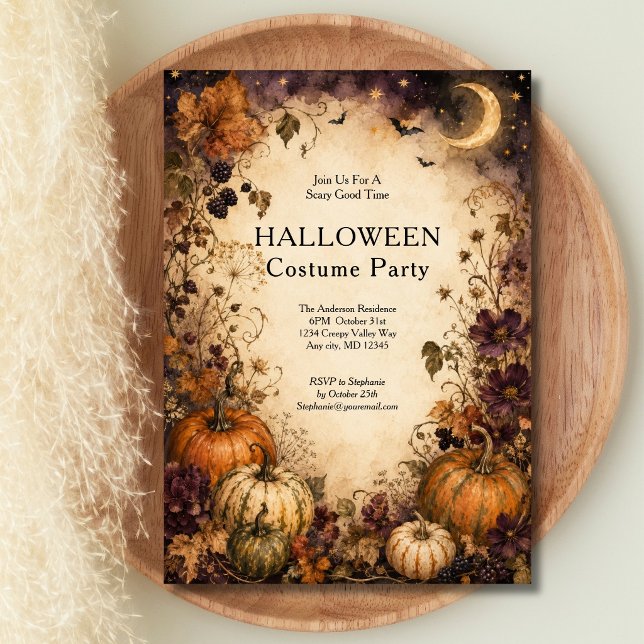 Convites Festa Vintage Abóboras Lua Halloween (Pumpkin Celestial Crescent Moon Halloween Costume Party Invitation)