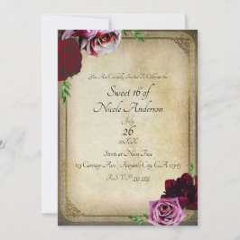 Convites Festa Vintage Real Rosa Escuro Floral Doce 16