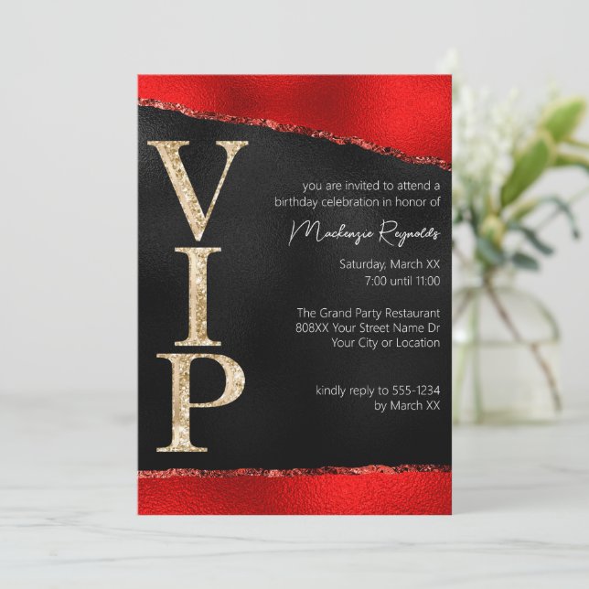 Convites Festa VIP Glamurosa com Brilho Vermelho e Dourado (Em pé/Frente)