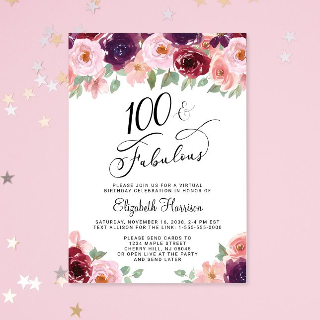 Convites Festa Virtual de 100 Anos de Nascimento Floral Ele (Elegant Floral Virtual 100th Birthday Party Invitation)