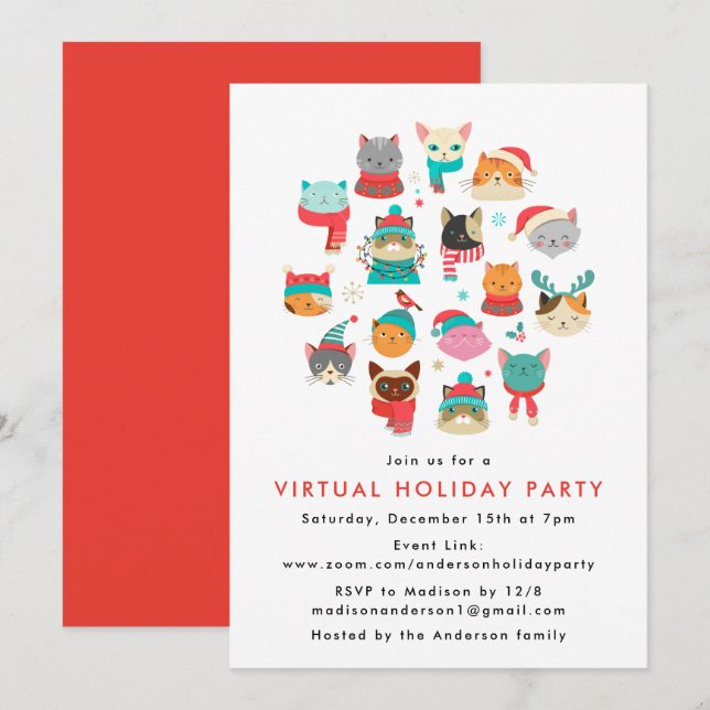 Convites Festa Virtual de Natal com Gatos Lindos de Natal (Frente/Verso)