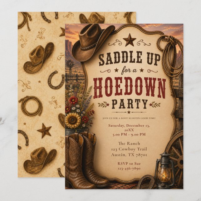 Convites Festa Western Hoedown (Frente/Verso)