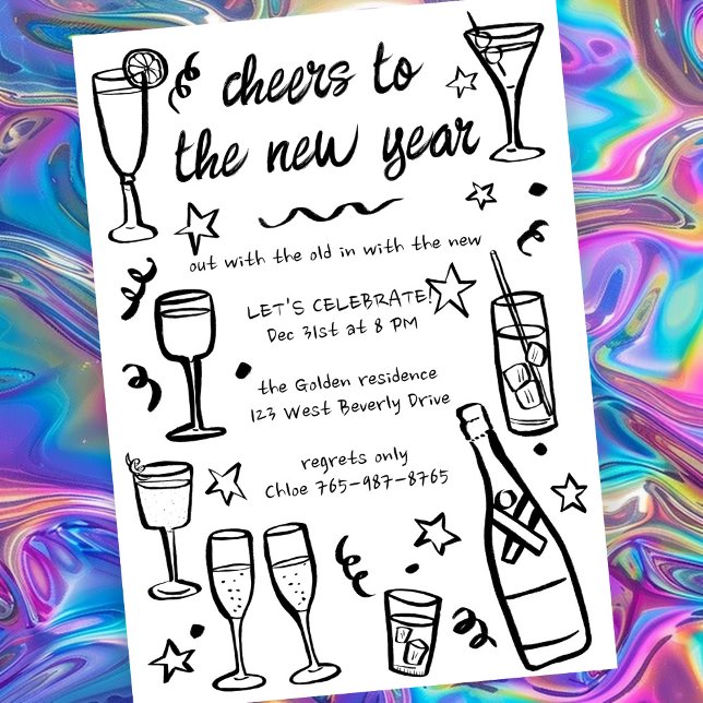 Convites Festa Whimsical de Ano Novo Bebidas Cocktail Perso (Whimsical NEW YEAR Party Cocktail Drinks Custom Invitation
)