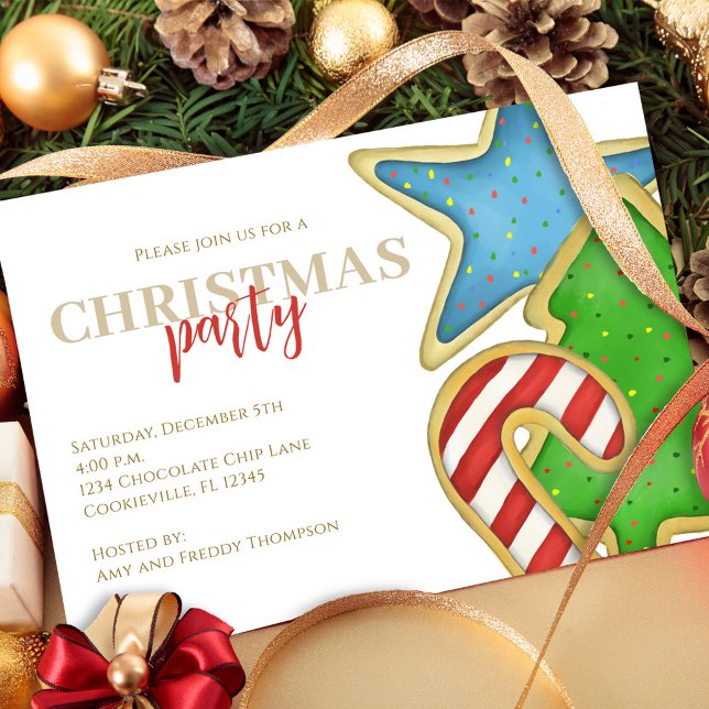 Convites Festa Whimssic de Biscoitos Corados de Natal (Christmas whimsical colorful cookie cutout invitation with watercolor cute cookies. )