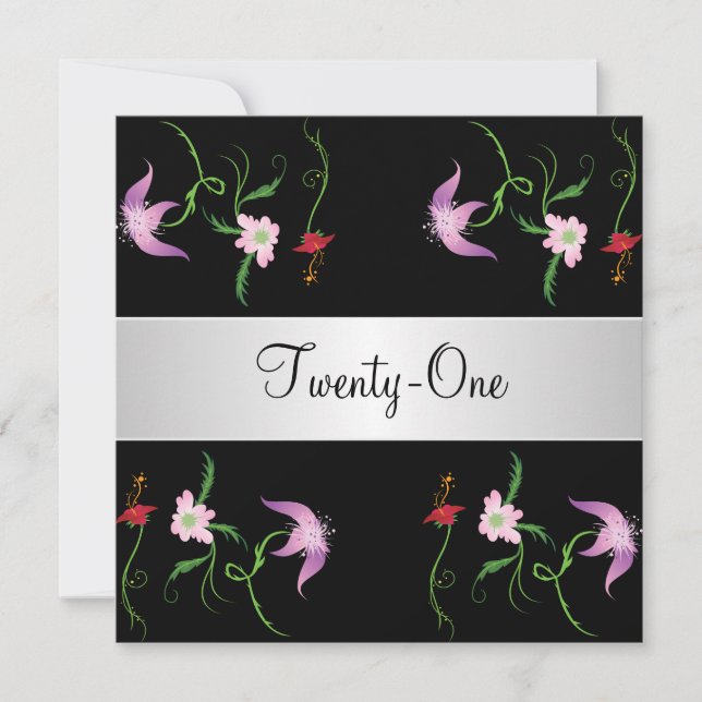 Convites Festas Bonito de Flores Negras e Brancas, aniversá (Frente)
