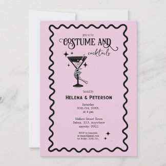 Convites Festas com Fantasias e Drinks Rosa e Preto Retrô