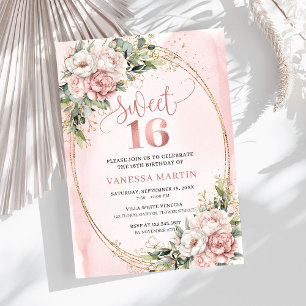 Convites Festas de 16º Aniversário com Flores Rosa e Folhag
