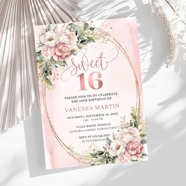 Convites Festas de 16º Aniversário com Flores Rosa e Folhag (Dusty Pink Floral Eucalyptus Sweet Sixteen Birthday Invite

)