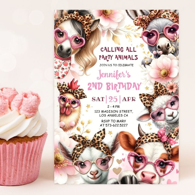 Convites Festas de Animais Rosa Garota Rosa Fazenda Barnyar (Criador carregado)