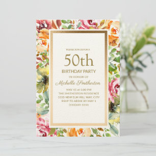 Convites Festas de Aniversário de 50 anos Floral Laranja Ve