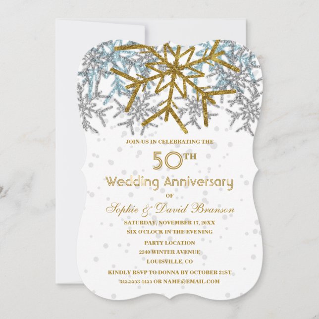 Convites Festas de Bodas de 50 Anos Winter Silver Gold Snow (Frente)