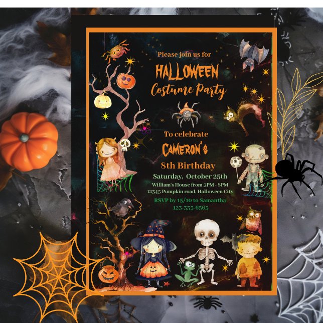 Convites Festas de Figuras de Halloween Crianças Verdes Lar (Halloween Costume Party Orange Green Kids Invitation)
