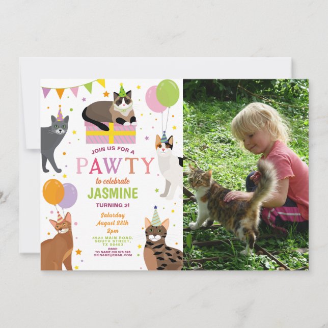 Convites Festas de Gatos, Festas de aniversário, garotas di (Frente)