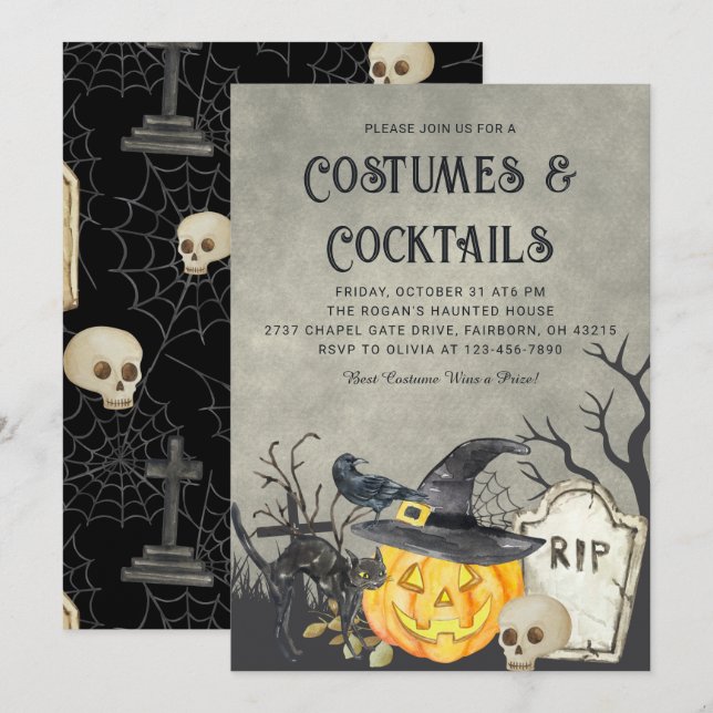 Convites Festas de Halloween com Fantasias Assustadoras e C (Frente/Verso)
