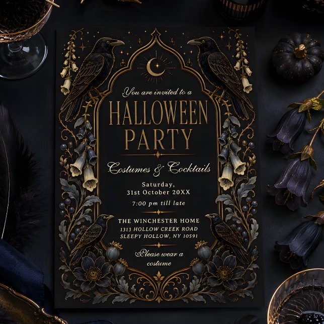 Convites Festas de Halloween com Fantasias de Corvo Gótico  (Criador carregado)