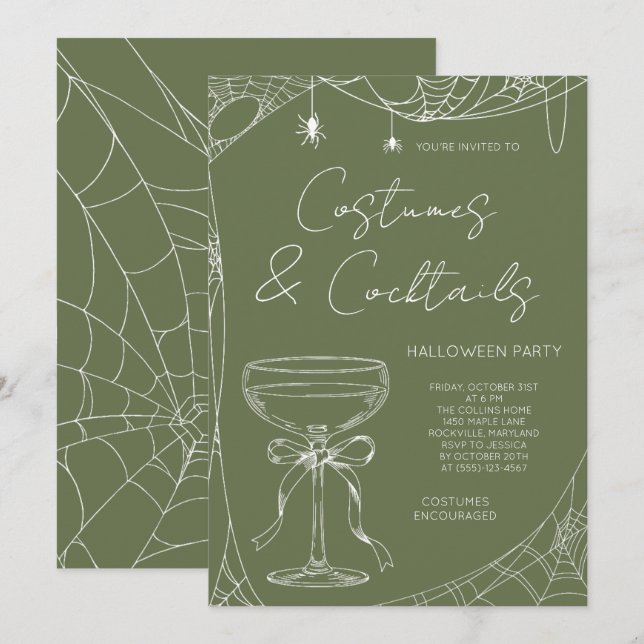 Convites Festas de Halloween com Fantasias Verde Oliva e Co (Frente/Verso)