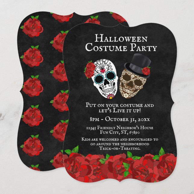 Convites Festas de Halloween com Rosas Vermelhas Antigas e  (Frente/Verso)