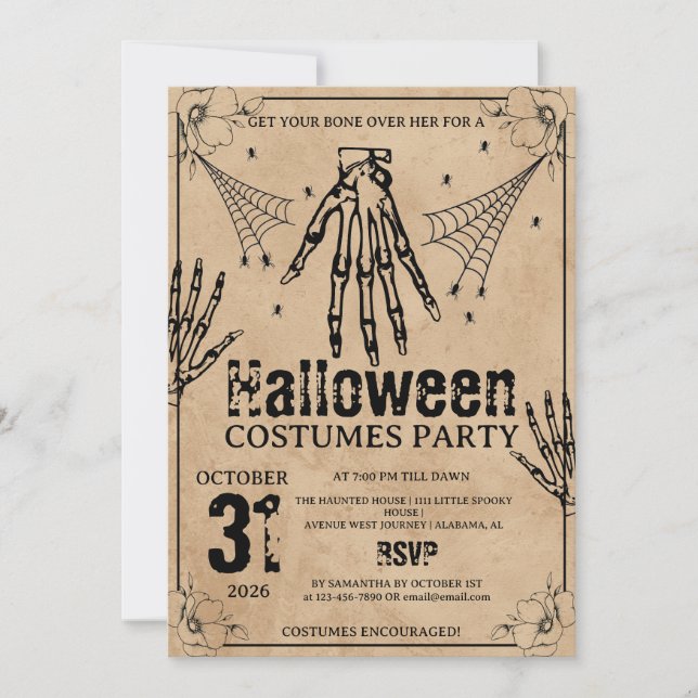 Convites Festas de Halloween com Roupas de Mão de Esqueleto (Frente)