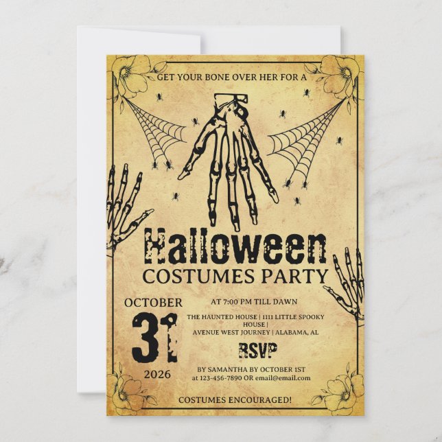Convites Festas de Halloween com Roupas de Mão de Esqueleto (Frente)