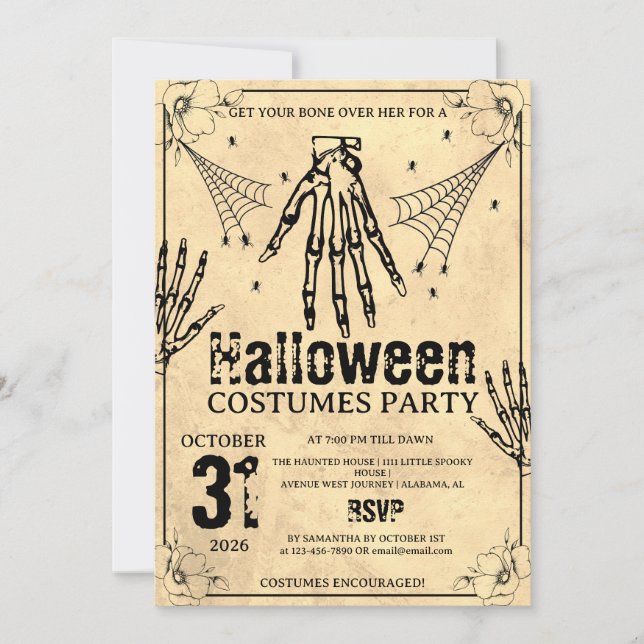 Convites Festas de Halloween com Roupas de Mão de Esqueleto (Frente)