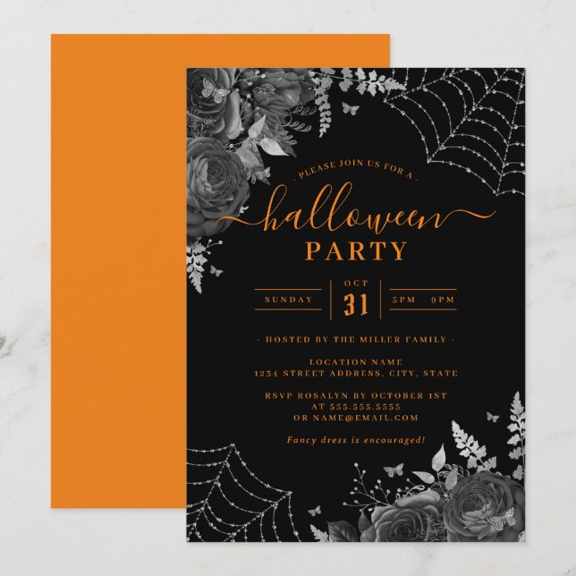 Convites Festas de Halloween de Teias Florais Laranja Escur (Frente/Verso)