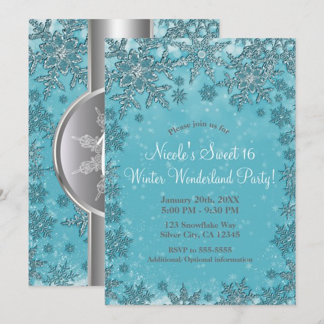 Convites Festas de Inverno com Flocos de Neve Aqua Turquesa (Frente/Verso)