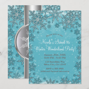 Convites Festas de Inverno com Flocos de Neve Aqua Turquesa