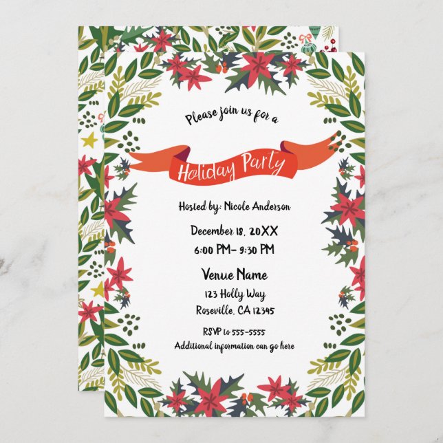 Convites Festas de Natal - Berries Whimsical Floral (Frente/Verso)