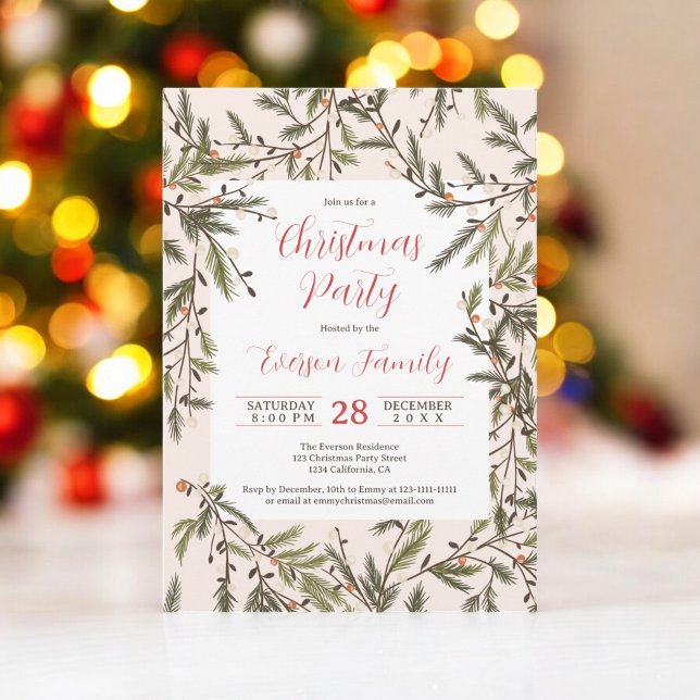 Convites Festas de Natal Elegantes - Ruas Ruptas Rústicas (Rustic blush Pine Branches Elegant Christmas Party Invitation)