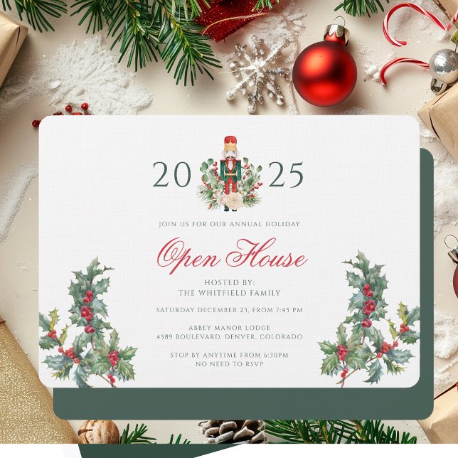 Convites Festas de Natal Quebra-Nozes Vermelhas Bagas Festa (Christmas Holidays Nutcracker Red Berries Party Invitation)