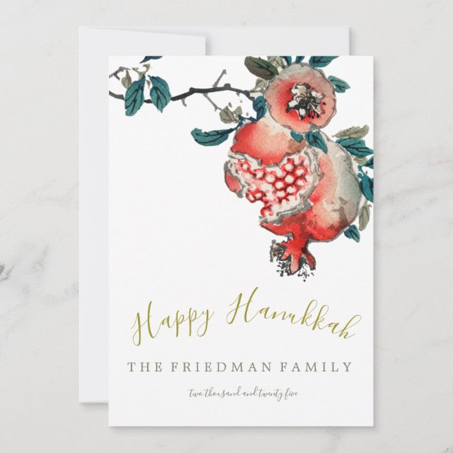 Convites Festival de Luzes Hanukkah Elegante Romã Dourada (Verso)