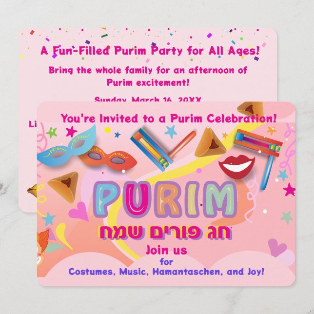 Convites Festival Feliz de Purim 2026 (Frente/Verso)
