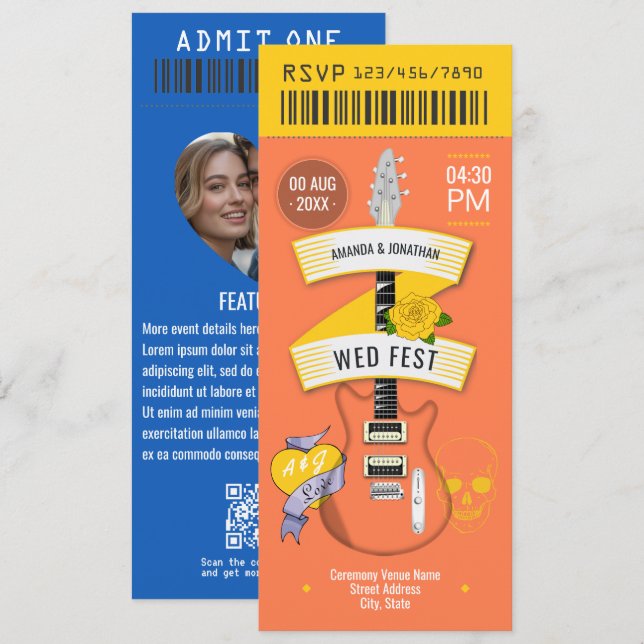 Convites Festival Love Rock ’n’ Roll Wedding Ticket (Frente/Verso)