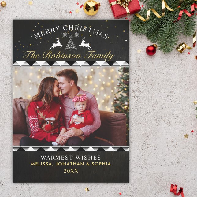 Convites Festive Black Tartan Plaid Christmas Photo (Criador carregado)
