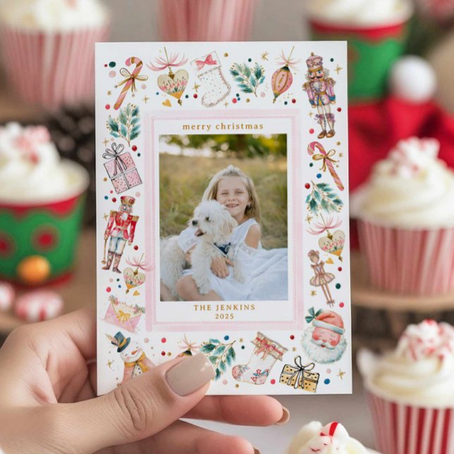 Convites Festive Christmas Family Photo Card (Fun Pink Christmas Photo Card)