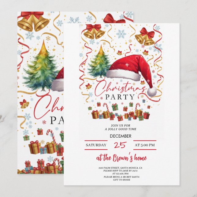 Convites Festive Christmas Party Invitation Red Santa Hat (Frente/Verso)