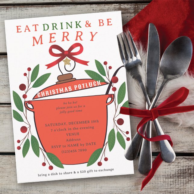 Convites Festive Eat Drink and Be Merry Christmas Potluck (Festive Eat Drink and Be Merry Christmas Potluck Invitation for Church Family Office Xmas Parties)